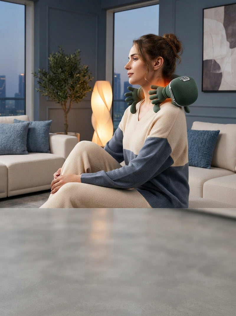 A woman wearing a heated neck and shoulder massager in a modern, serene living room with warm ambient lighting.