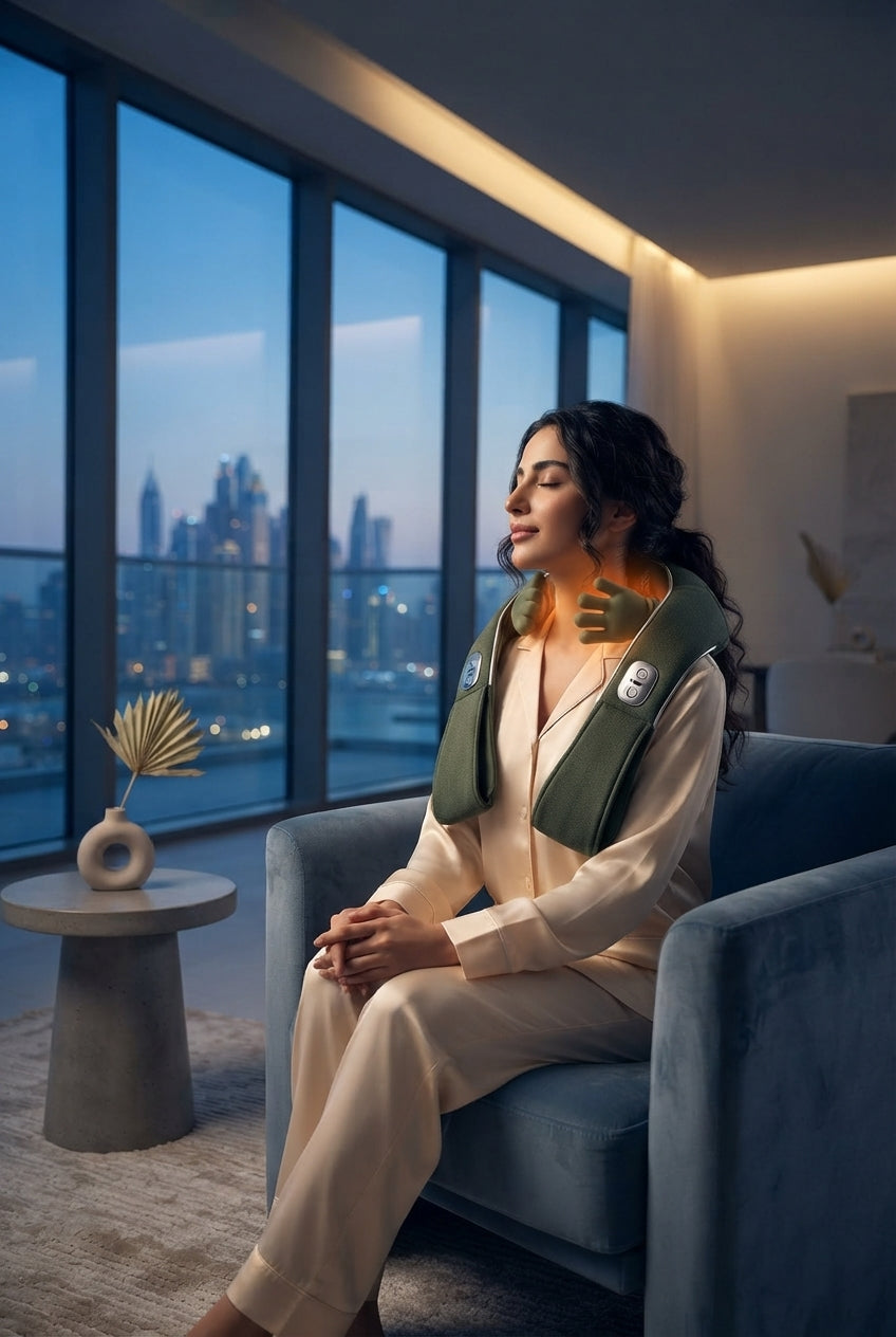 A woman relaxing in a modern apartment while wearing a heated neck and shoulder massager during a quiet evening.